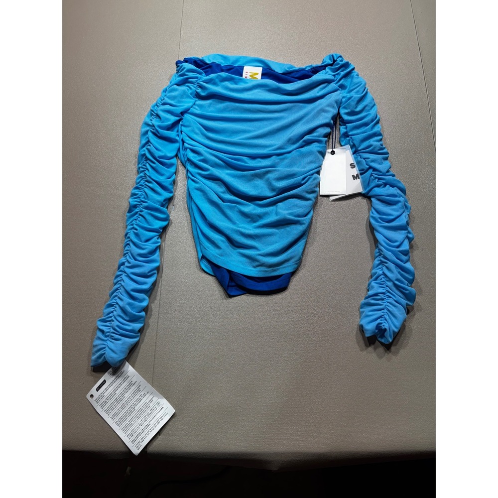 Simon Miller NWT Nai Top Blue Mesh Ruched Off Shoulder Long Sleeve W31694062 XS